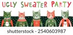 Vintage Hipster Ugly Christmas Sweater Party Banner, Invitation or Poster with Funny Halftone Cat Design and Hand Drawn Lettering