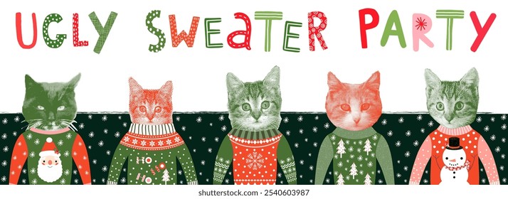 Vintage Hipster Ugly Christmas Sweater Party Banner, Invitation or Poster with Funny Halftone Cat Design and Hand Drawn Lettering