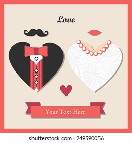 Vintage hipster wedding invitation card template vector illustration, Happy Valentine's day card template with bride and groom in form of hearts with mustache, butterfly and lips