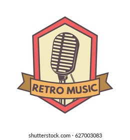 Vintage Hipsters Vector Microphone Emblem For Radio Station, Music Company, Podcast Show, Voice Recording Company, Private Reporter Or Music Band