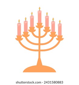 Vintage historical candles in a candlestick. Cozy composition with burning candles. Cartoon flat vector illustration. 