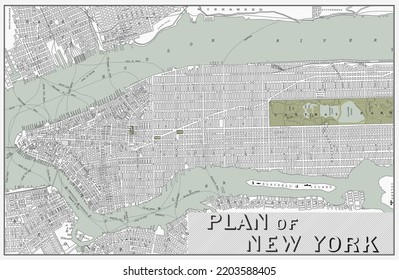 Vintage Historical Map Of New York City. Vector Illustration.