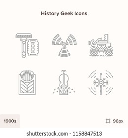 Vintage history icons 1900s. Technology and Science evolution