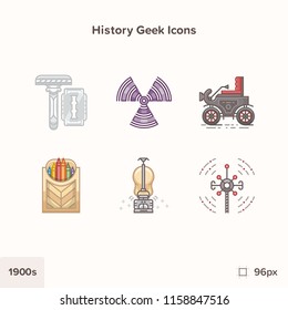 Vintage history icons 1900s. Technology and Science evolution