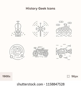 Vintage history icons 1900s. Technology and Science evolution