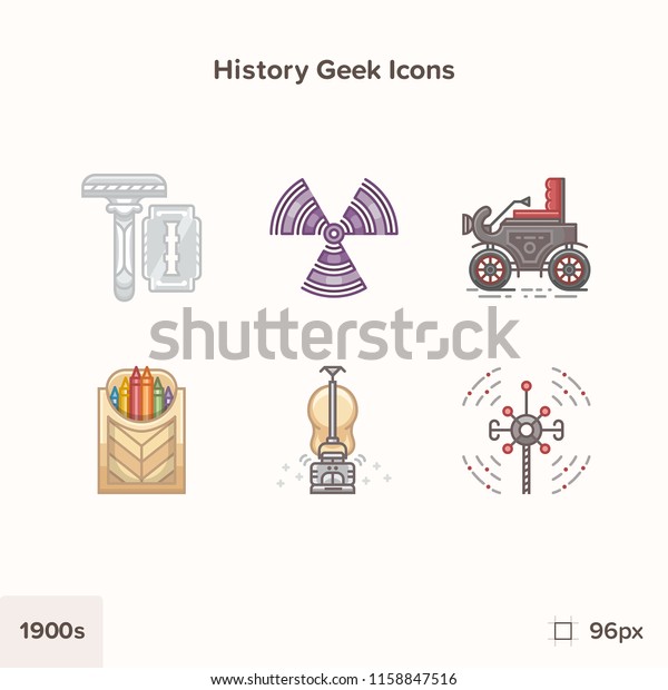 Vintage history icons 1900s. Technology and\
Science evolution