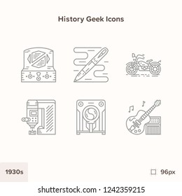 Vintage history icons 1930s. Technology and Science evolution ou