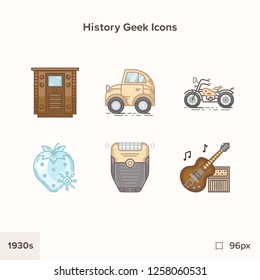 Vintage history icons 1930s. Technology and Science evolution