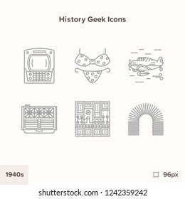 Vintage history icons 1940s. Technology and Science evolution ou