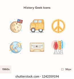 Vintage history icons 1960s. Technology and Science evolution