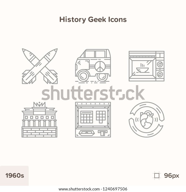 Vintage history icons 1960s. Technology and\
Science evolution