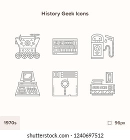 Vintage history icons 1970s. Technology and Science evolution