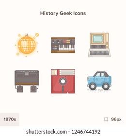 Vintage history icons 1970s. Technology and Science evolution