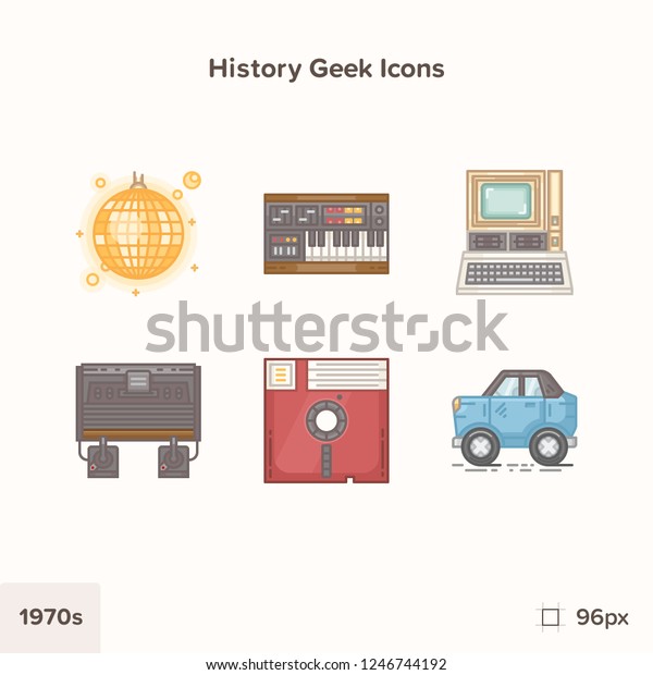Vintage history icons 1970s. Technology and\
Science evolution