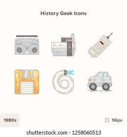 Vintage history icons 1980s. Technology and Science evolution.Retro technology