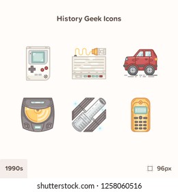 Vintage history icons 1990s. Technology and Science evolution. Retro technology