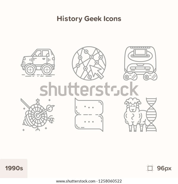 Vintage history icons 1990s. Technology and\
Science evolution. Retro\
technology