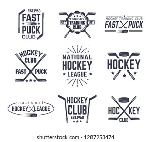 Vintage hockey emblems for national or college tournaments. Puck and stick for winter sport training club, competition league sign, team branding or american sport advertising, clothing theme