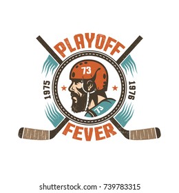 Vintage hockey playoff mascot -  bearded  player in retro helmet with  crossed hockey sticks. Worn texture on  separate layer and can be easily disabled.