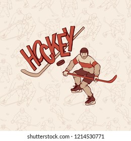Vintage hockey sportsman and seamless pattern background. Retro player motion with hockey stick. Vector outline illustration