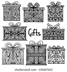 Vintage holiday background with set isolated silhouette icons gift boxes - vector