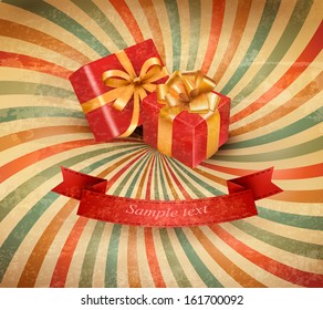 Vintage holiday background with two red gift boxes. Vector illustration.