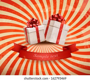 Vintage holiday background with two red gift boxes. Vector illustration. 