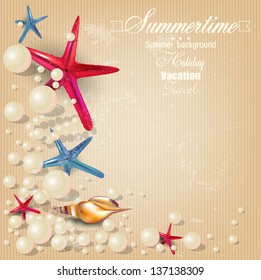 Vintage holiday banner with pearls and starfishes and place for text.