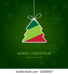 Vintage Holiday Card. Paper Striped Christmas Tree On Dark Green Snowflake Background. Vector Illustration For  Poster, T-shirt Or Web.