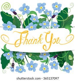 Vintage holiday card with white frame surrounded  forget-me-not flowers and handwritten calligraphic text - Thank you. 