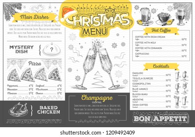 Vintage holiday christmas menu design with champagne. Restaurant menu
