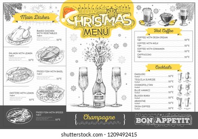 Vintage holiday christmas menu design with champagne. Restaurant menu