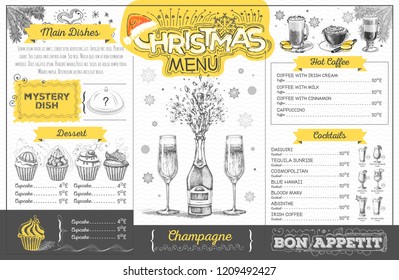 Vintage holiday christmas menu design with champagne. Restaurant menu