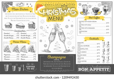 Vintage holiday christmas menu design with champagne. Restaurant menu