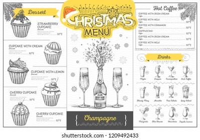 Vintage holiday christmas menu design with champagne. Restaurant menu