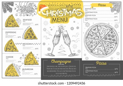 Vintage holiday christmas menu design with champagne. Restaurant menu