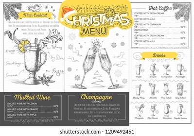 Vintage holiday christmas menu design with champagne. Restaurant menu