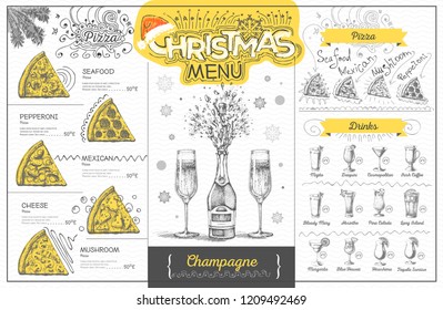 Vintage holiday christmas menu design with champagne. Restaurant menu