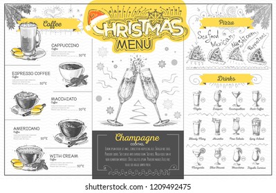 Vintage holiday christmas menu design with champagne. Restaurant menu