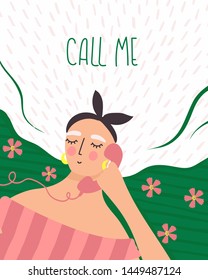 Vintage holiday illustration with text quote for poster, flyer, postcard, greeting. Girl talking on the phone and romantic lettering call me. Vector celebration inspirational card. 