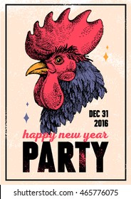 Vintage holiday poster for Merry Christmas and Happy New Year party with hand drawn sketch rooster portrait. Vector illustration for card, print, fashion design and t-shirt graphics