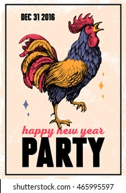 Vintage holiday poster for Merry Christmas and Happy New Year party with hand drawn sketch rooster portrait. Vector illustration for card, print, fashion design and t-shirt graphics