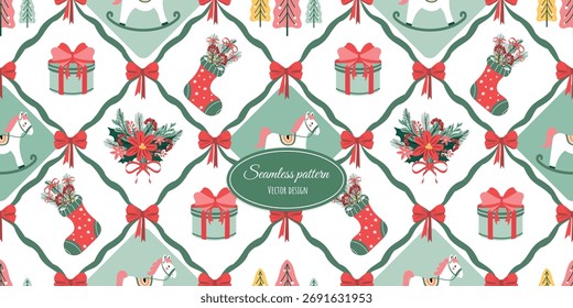 Vintage holiday seamless pattern, trendy background, Christmas pattern. Vector, vintage fabric design, wallpaper, wrapping paper, and more.