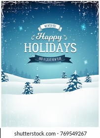 Vintage Holiday Season Landscape Background/
Illustration of a retro christmas landscape background, with firs, snow and elegant banners for winter and new year holidays