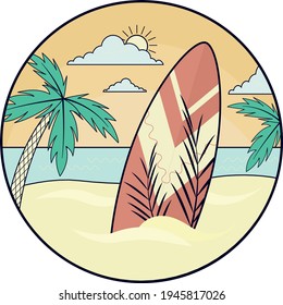 Vintage holidays vector design - surfboards on the beach against sunny seascape. Vector illustration of the sea and surfboards. Beach, sunset by the ocean.