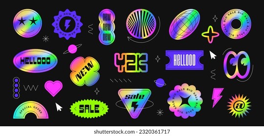 Vintage holographic gradient sale and discount y2k stickers, graphic elements. Set of abstract vector symbols, holography labels mockup isolated on black background. Shine badges different shapes.