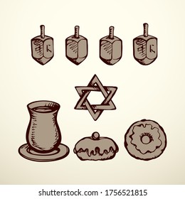 Vintage holy gold cup gift, dough bread eat bakery snack, spin game toy. Hand drawn biblic ethnic happy kislev history hanukkiah hexagram flag ceremony logo sign icon sketch in retro graphic on white