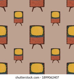Decoración casera vintage sin fisuras con siluetas de tv amarillo doodle. Fondo rosa pálido. Ilustración vectorial para impresiones textiles estacionales, tela, carteles, telas de fondo y papel pintado.