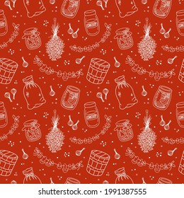 Vintage home pantry, kitchen, food supplies seamless pattern. Preserves, glass jar, canned jam, honey and pickles, old wooden bucket, canvas sack, dried lavender and mushrooms. Vector background