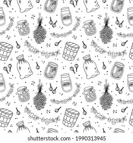Vintage home pantry, kitchen, vegan food supplies seamless pattern. Preserves, glass jar, canned jam, honey and pickles, old wooden bucket, canvas sack, dried lavender and mushrooms. Vector background